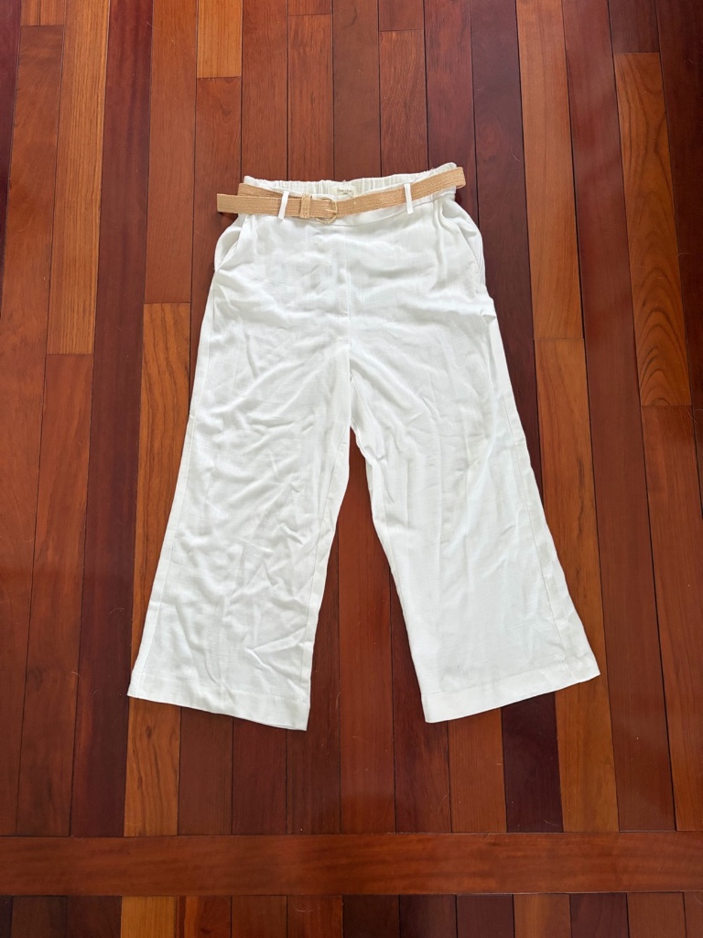 Wide Leg Crop Pants with Belt - White